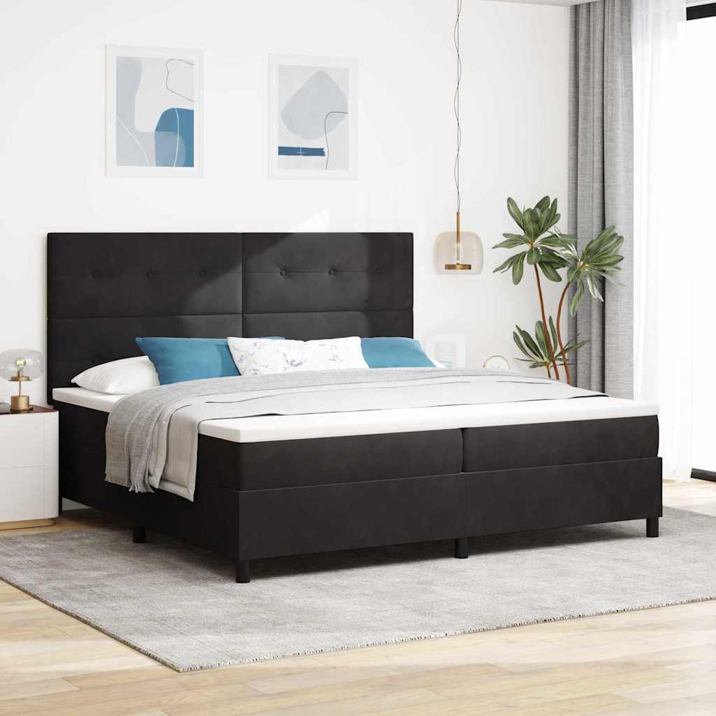 Boxrugós ágy fejtámlával Fekete 200 x 200 cm Bársony