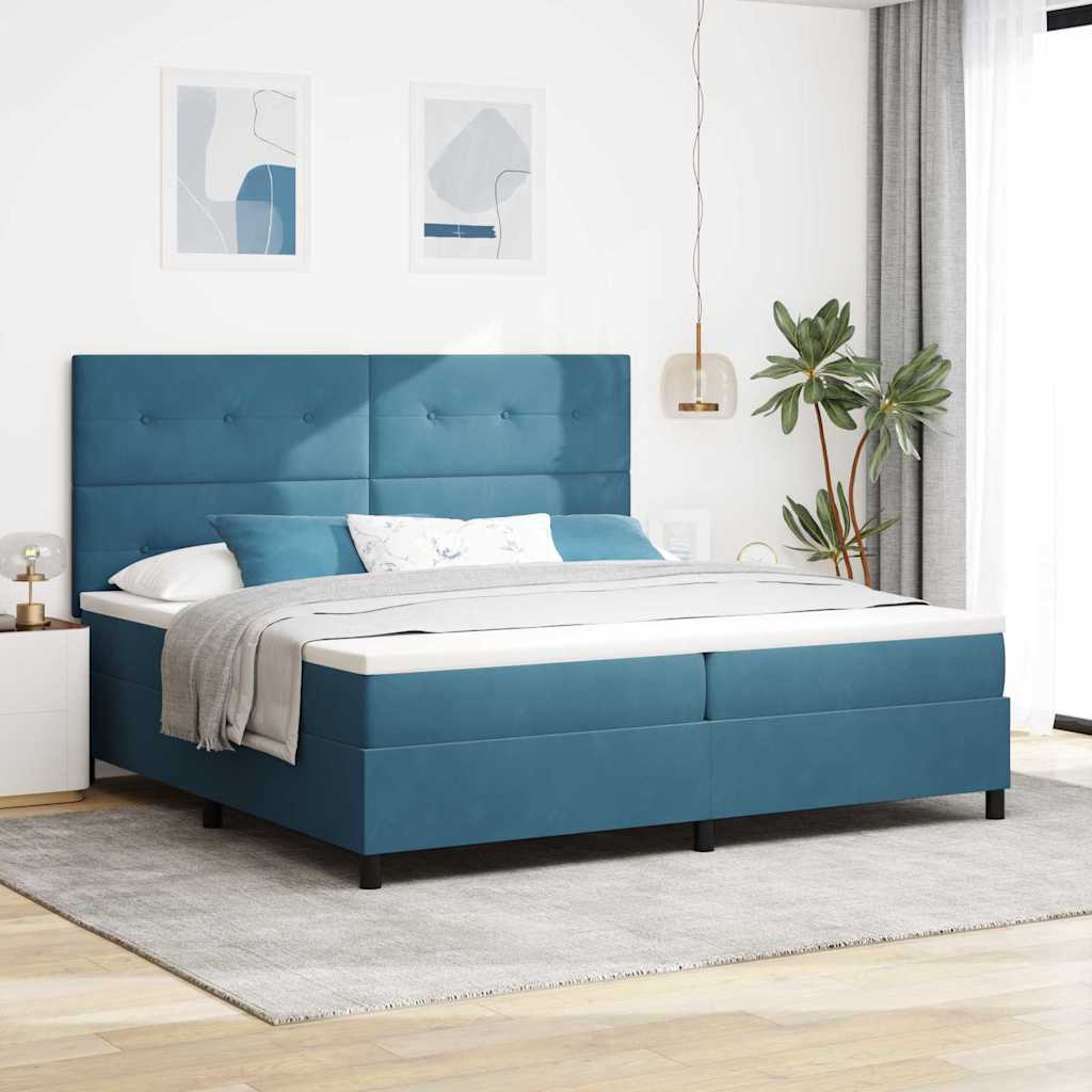 Boxrugós ágy fejtámlával Sötét kék 200 x 200 cm Bársony
