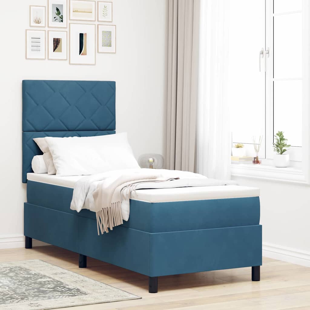Boxrugós ágy fejtámlával Sötét kék 80 x 200 cm Bársony