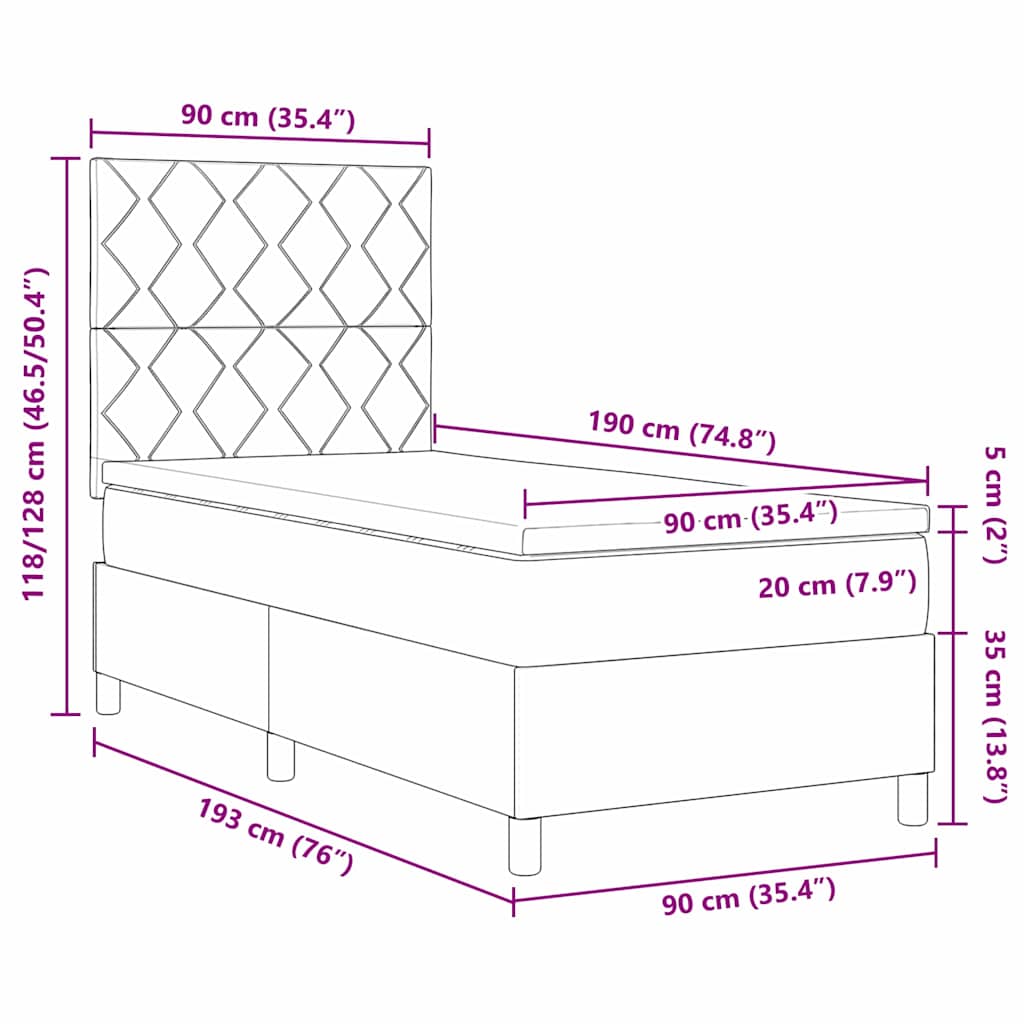 Boxrugós ágy fejtámlával Fekete 90 x 190 cm Bársony