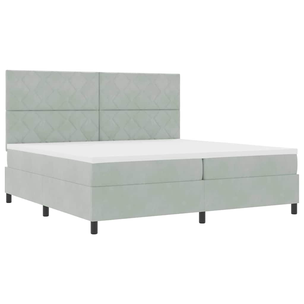 Boxrugós ágy fejtámlával Világosszürke 200 x 200 cm Bársony