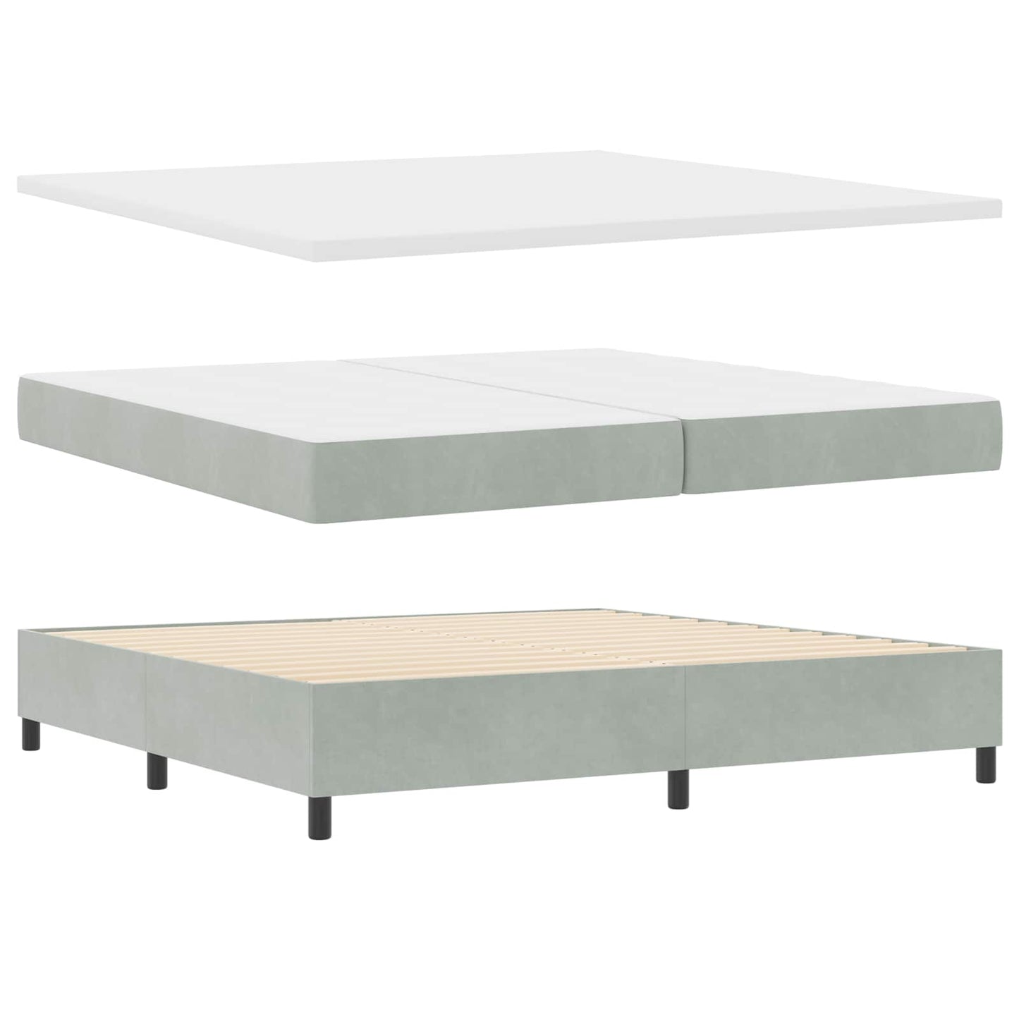 Boxrugós ágy fejtámlával Világosszürke 200 x 200 cm Bársony
