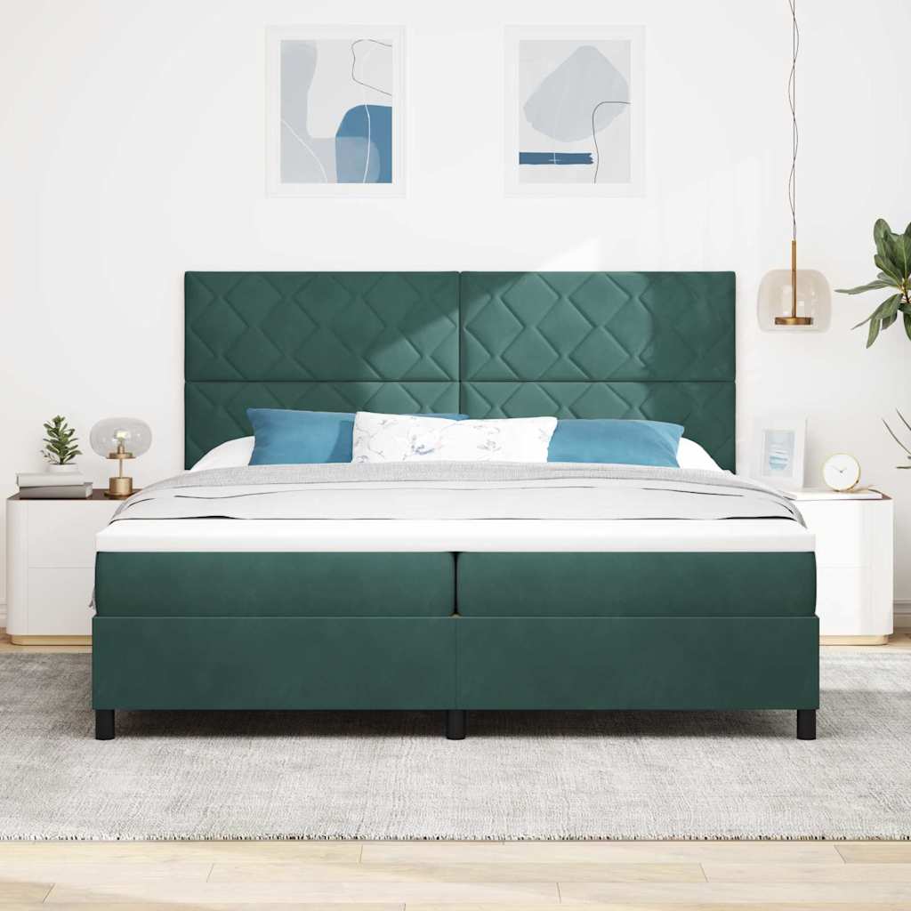 Boxrugós ágy fejtámlával Sötétzöld 200 x 200 cm Bársony