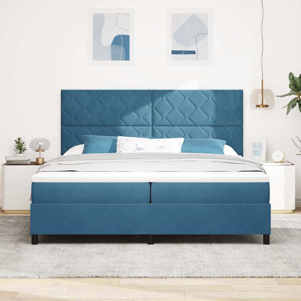Boxrugós ágy fejtámlával Sötét kék 200 x 200 cm Bársony