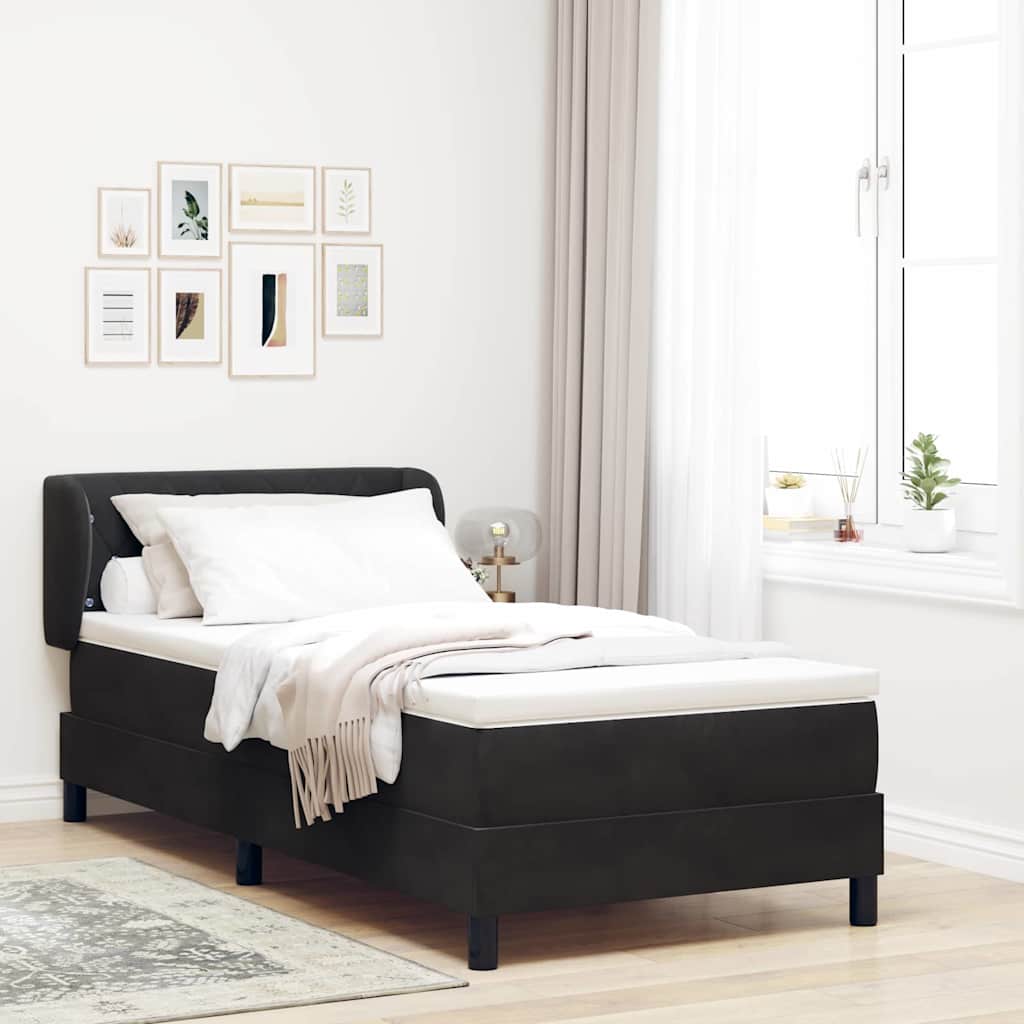 Boxrugós ágy fejtámlával Fekete 90 x 190 cm Bársony
