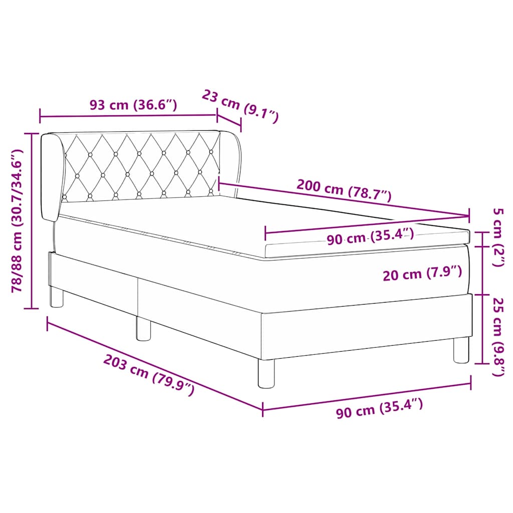 Boxrugós ágy fejtámlával Világosszürke 90 x 200 cm Bársony