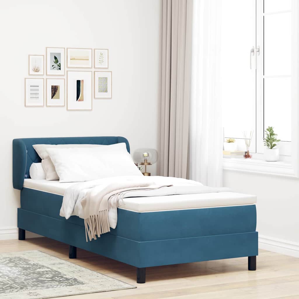 Boxrugós ágy fejtámlával Sötétkék 90 x 200 cm Bársony