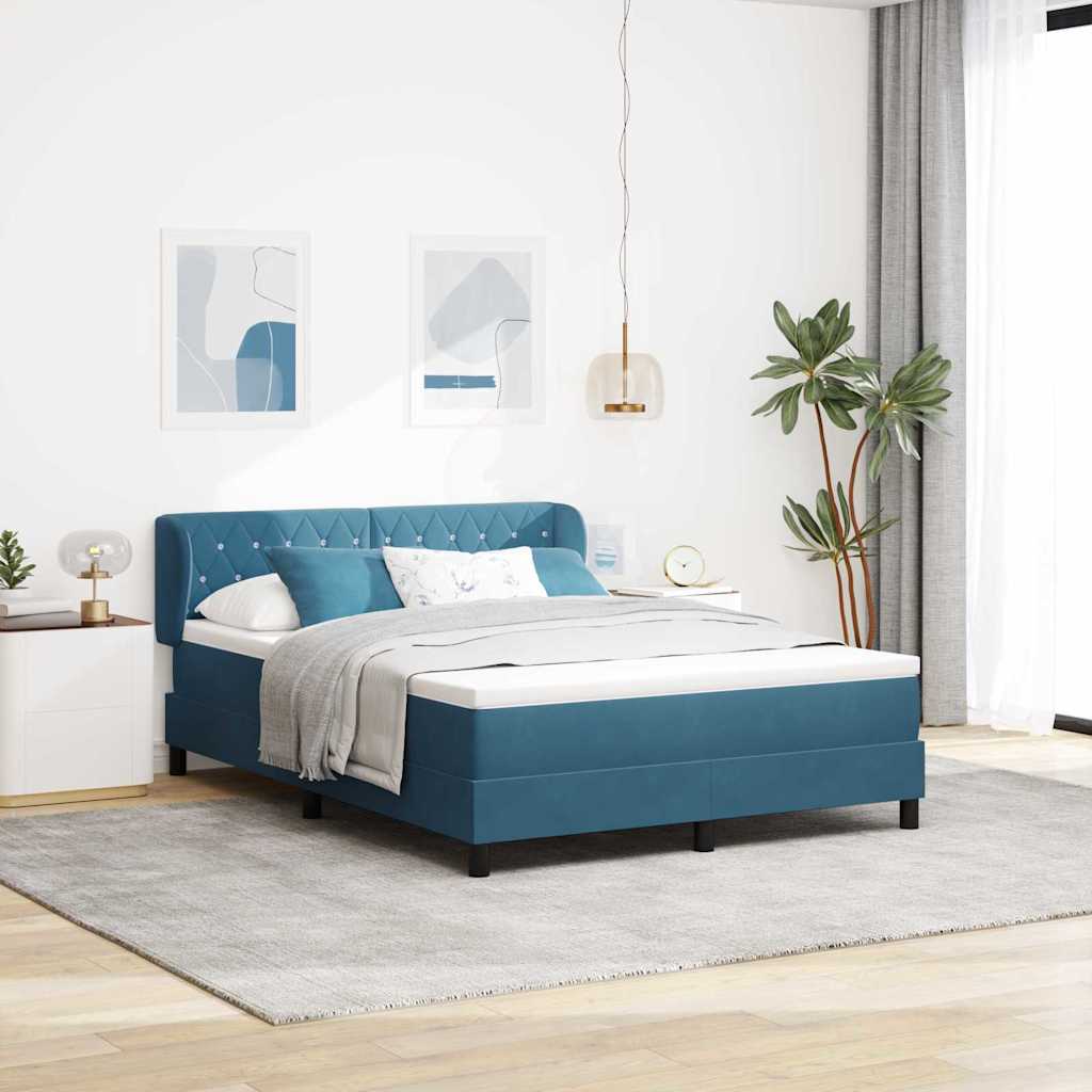 Boxrugós ágy fejtámlával Sötétkék 160 x 200 cm Bársony