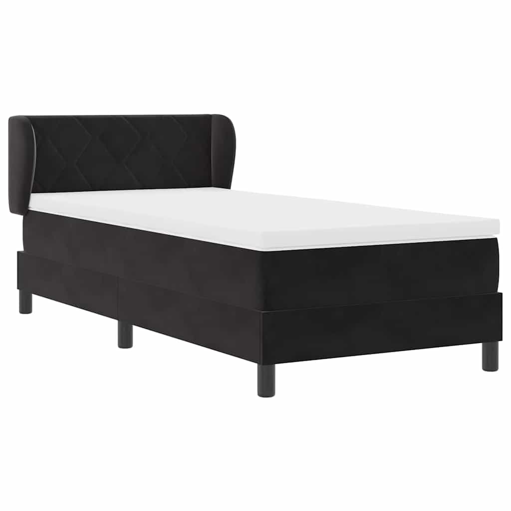 Boxrugós ágy fejtámlával Fekete 90 x 190 cm Bársony