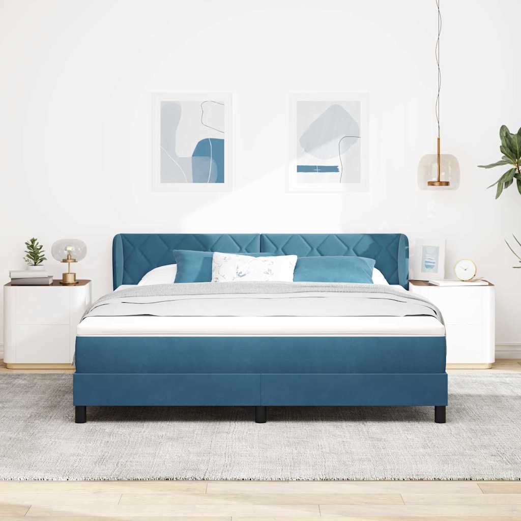 Boxrugós ágy fejtámlával Sötétkék 180 x 200 cm Bársony