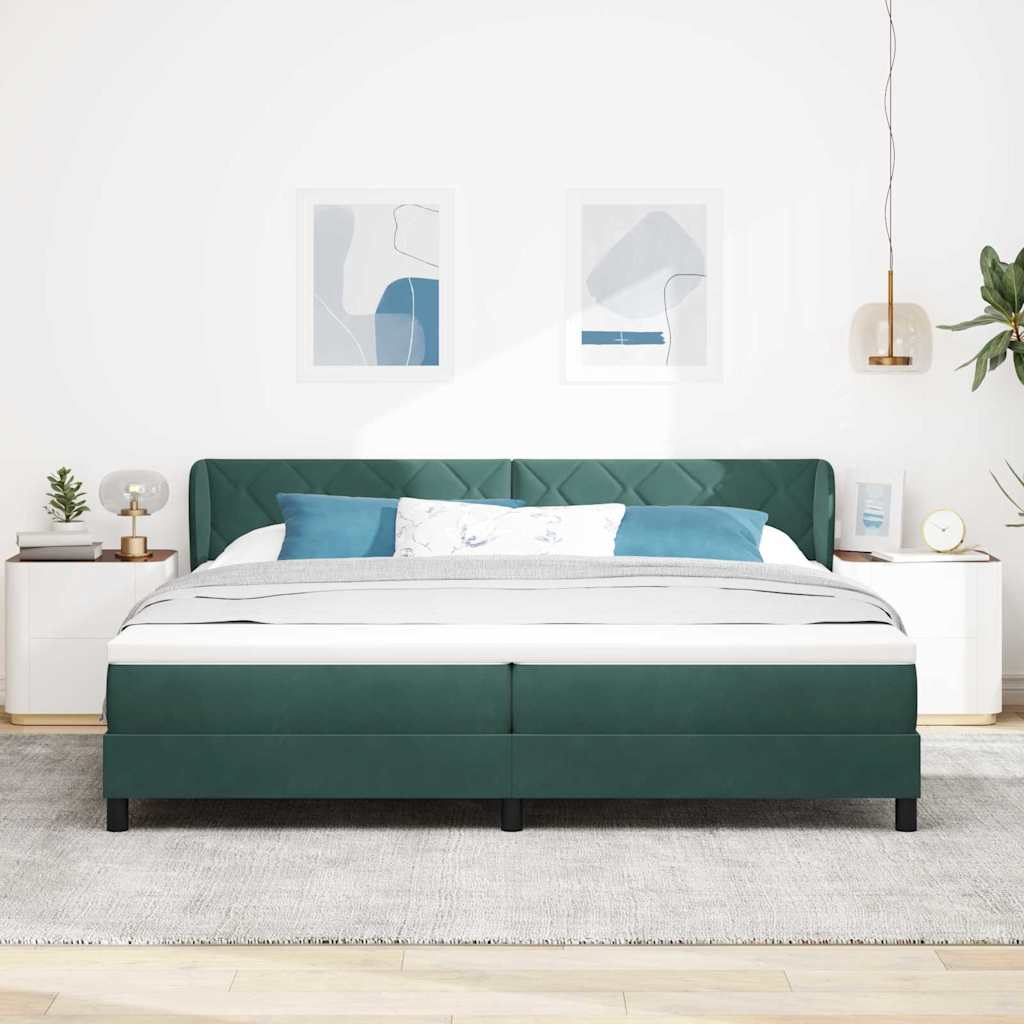 Boxrugós ágy fejtámlával Sötétzöld 200 x 200 cm Bársony