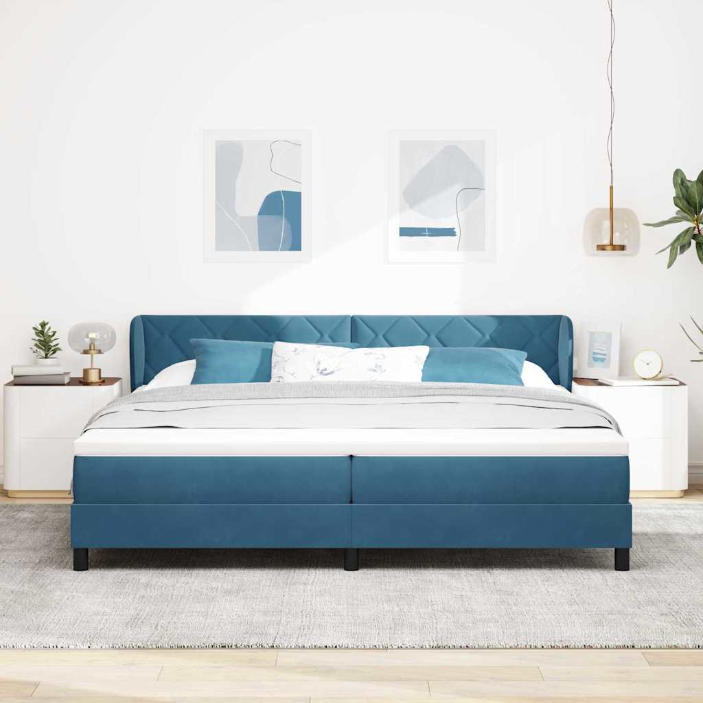 Boxrugós ágy matracmal Sötétkék 200 x 200 cm Bársony