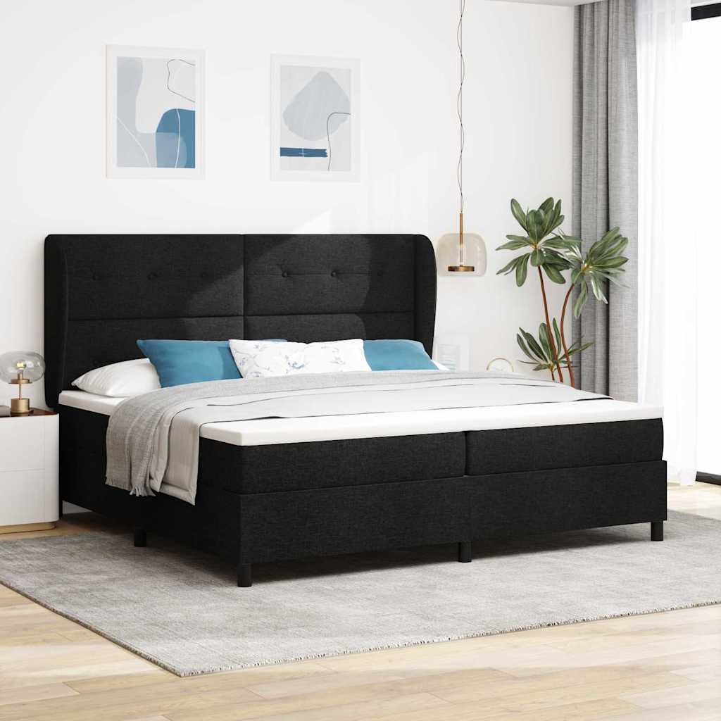 Boxrugós ágy fejtámlával Fekete 200 x 200 cm szövet