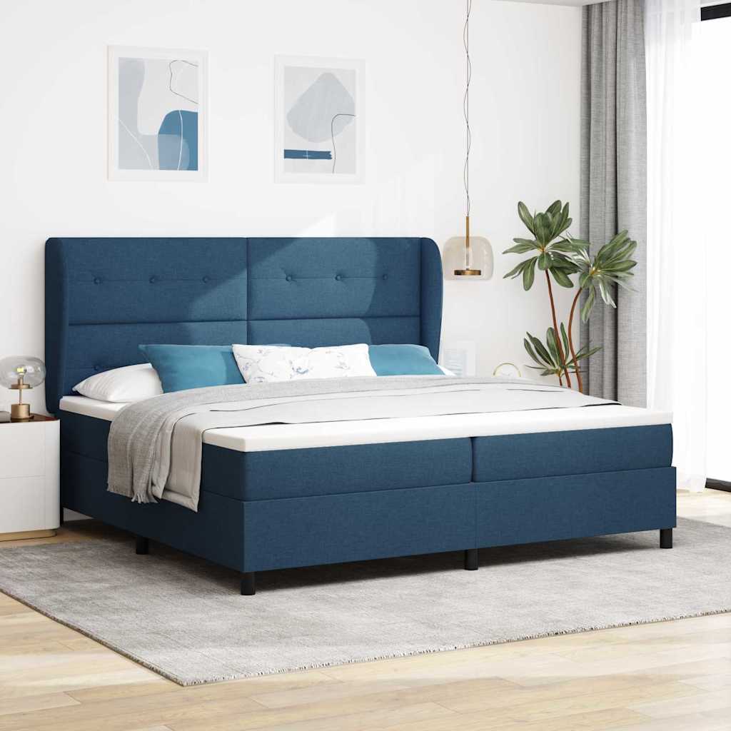 Boxrugós ágy fejtámlával Kék 200 x 200 cm szövet