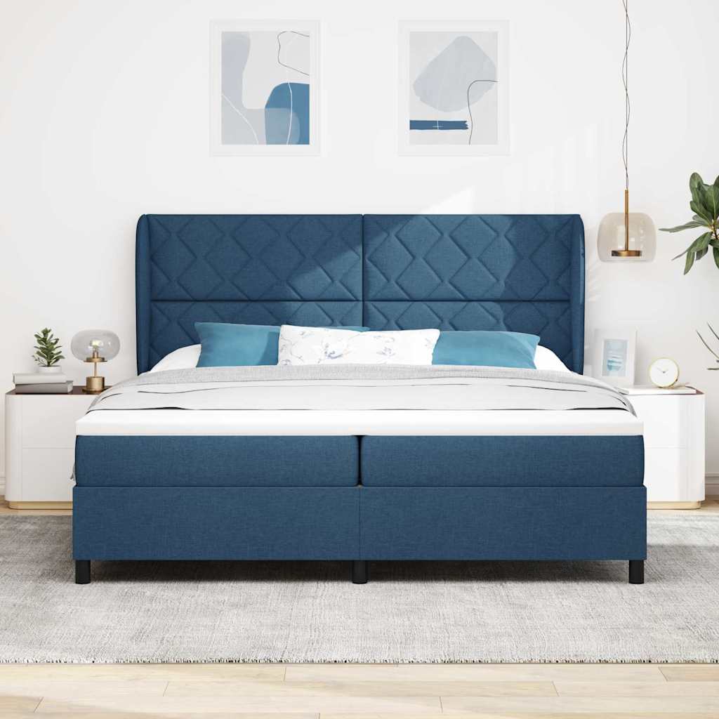 Boxrugós ágy fejtámlával Kék 200 x 200 cm szövet
