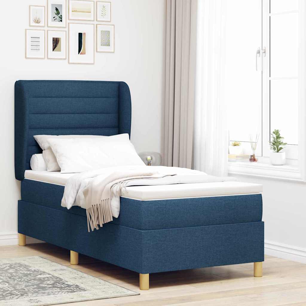 Boxrugós ágy matracmal fejtámlával Kék 200 x 90 cm szövet