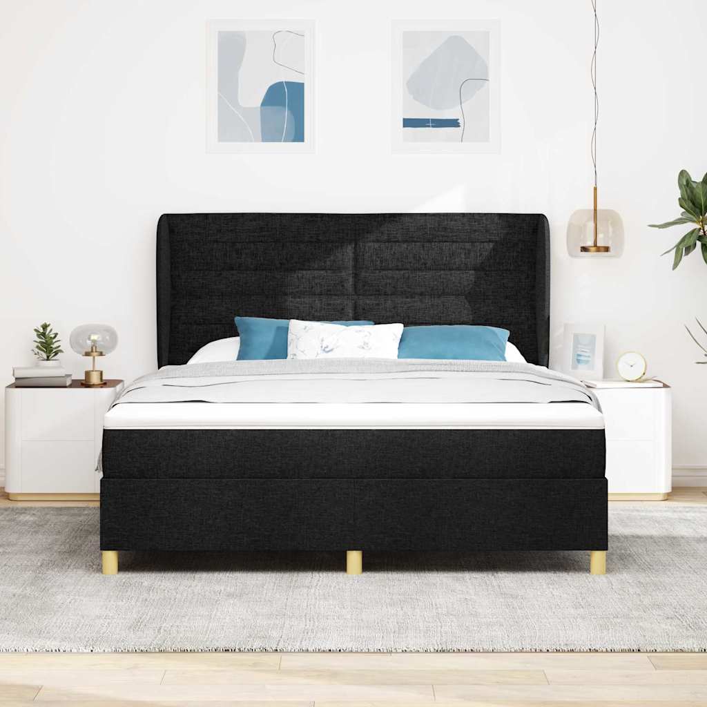 Boxrugós ágy fejtámlával Fekete 200 x 180 cm szövet