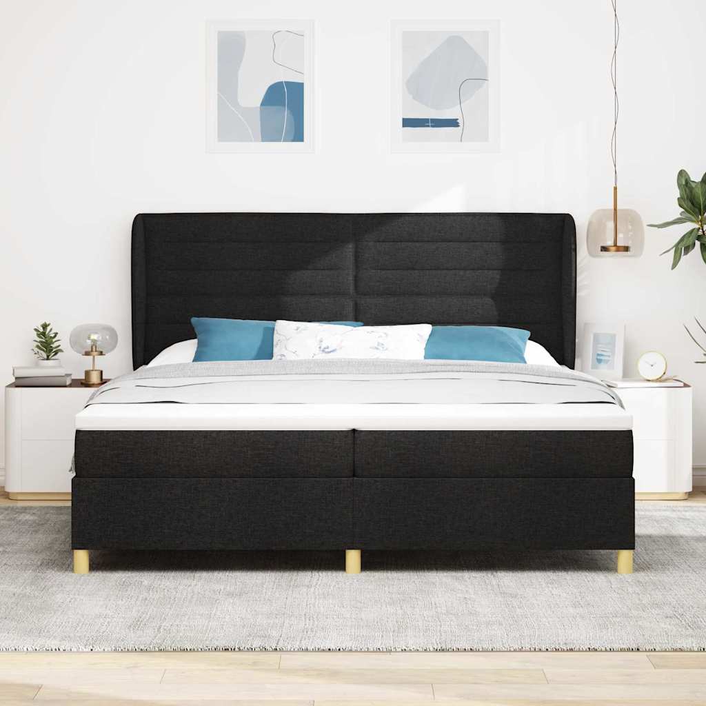 Boxrugós ágy matracmal fejtámlával Fekete 200 x 200 cm szövet