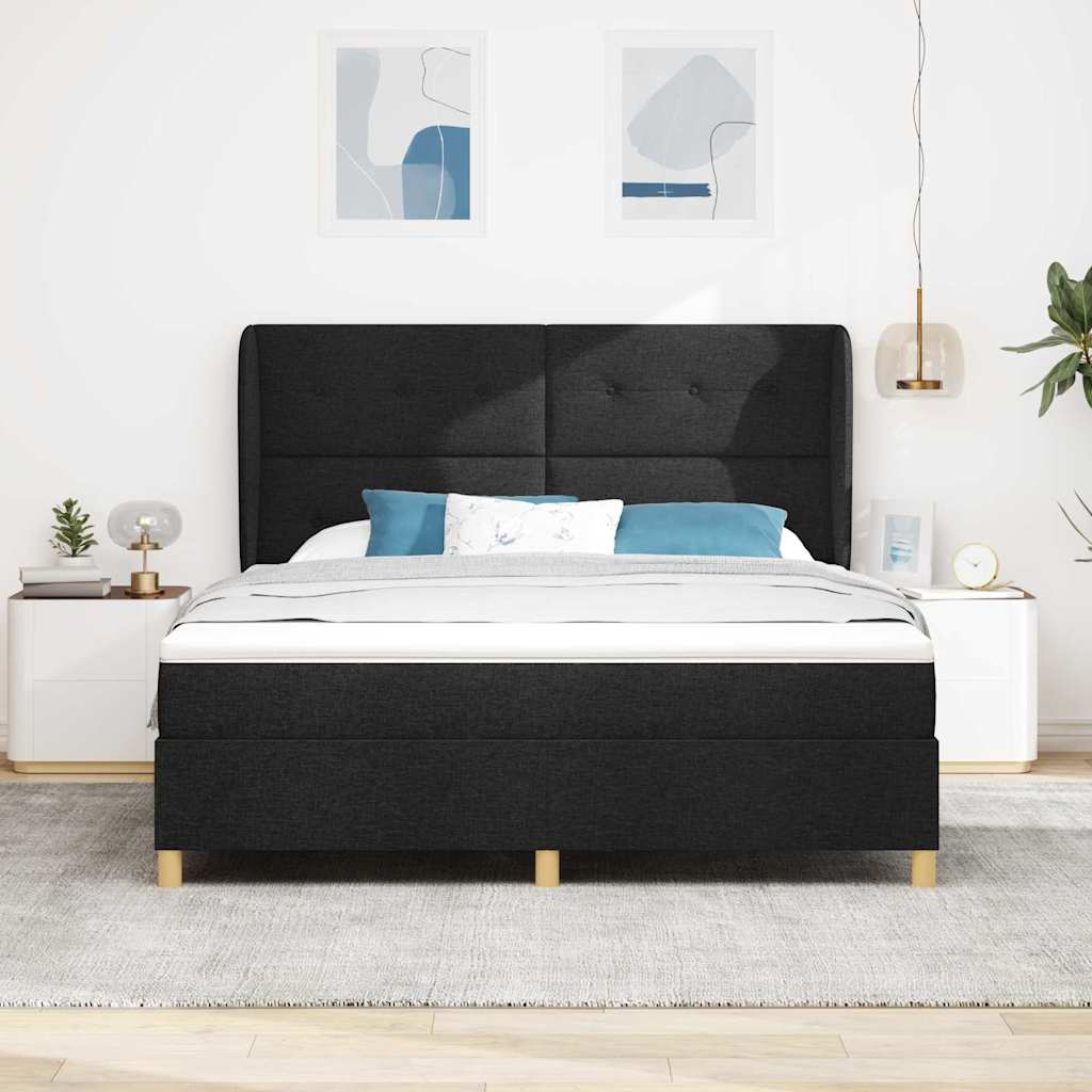 Boxrugós ágy fejtámlával Fekete 200 x 180 cm szövet