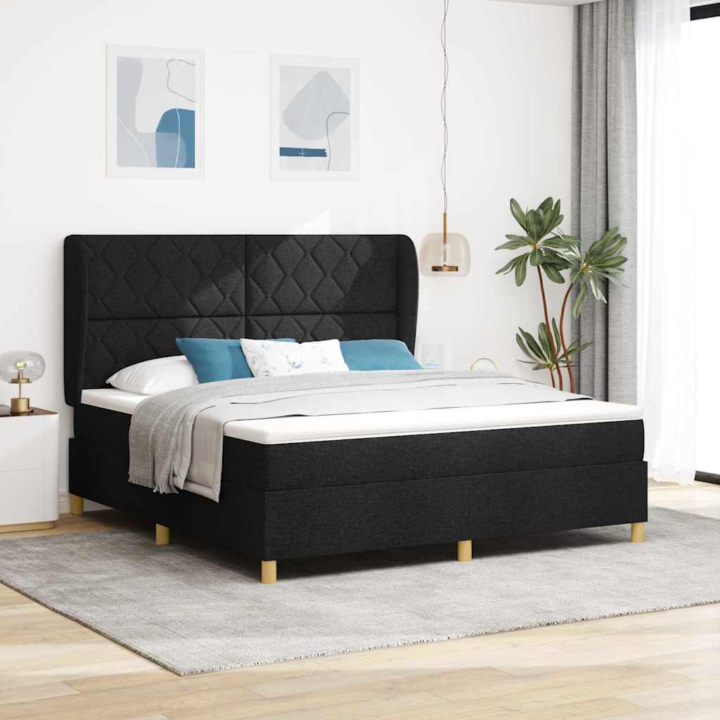 Boxrugós ágy fejtámlával Fekete 200 x 180 cm szövet