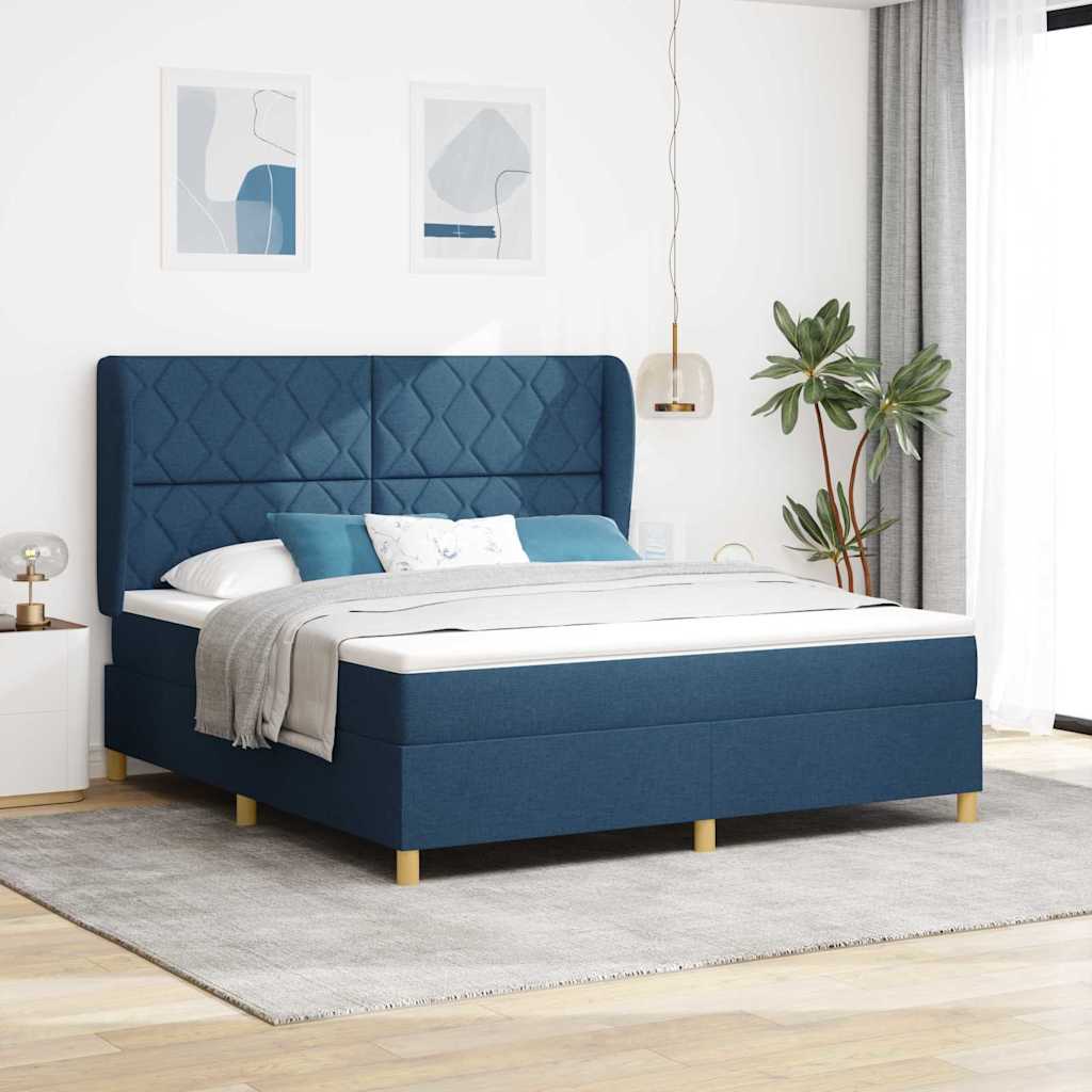 Boxrugós ágy párnával fejtámlával Kék 200 x 180 cm szövet
