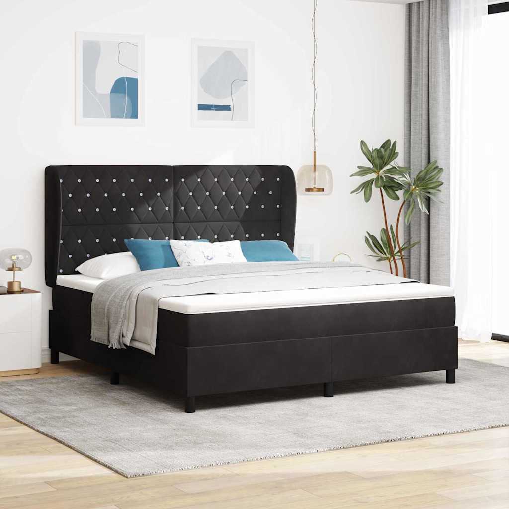 Boxrugós ágy matracmal fejtámlával Fekete 200 x 180 cm Bársony