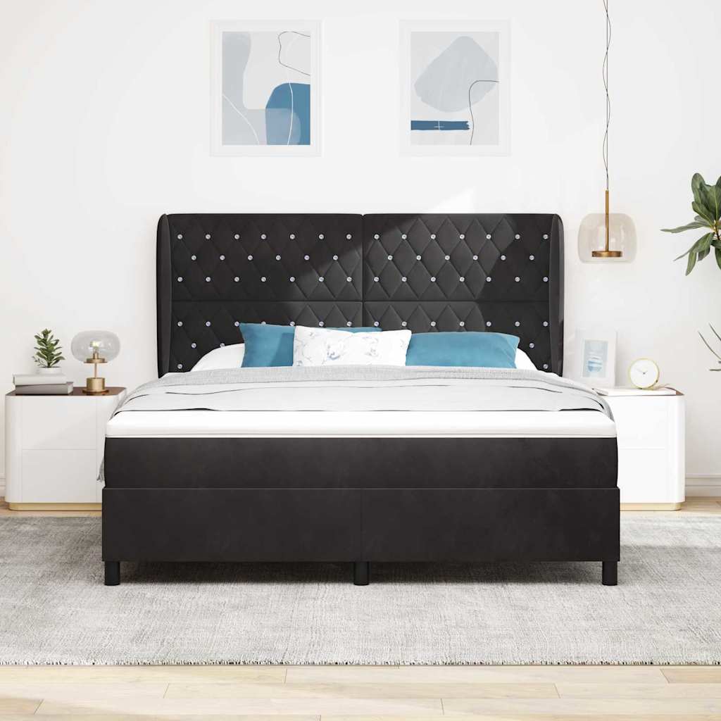 Boxrugós ágy matracmal fejtámlával Fekete 200 x 180 cm Bársony