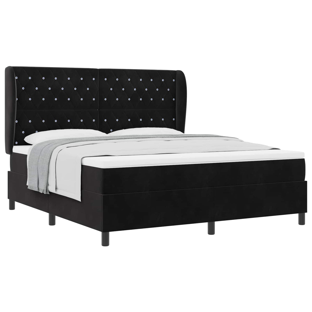 Boxrugós ágy matracmal fejtámlával Fekete 200 x 180 cm Bársony