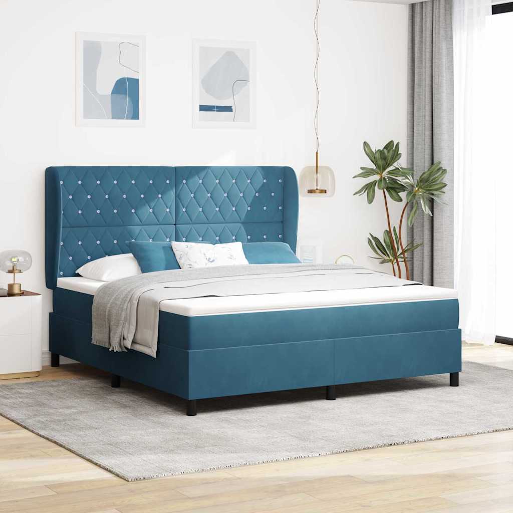 Boxrugós ágy fejtámlával Sötét kék 200 x 180 cm Bársony