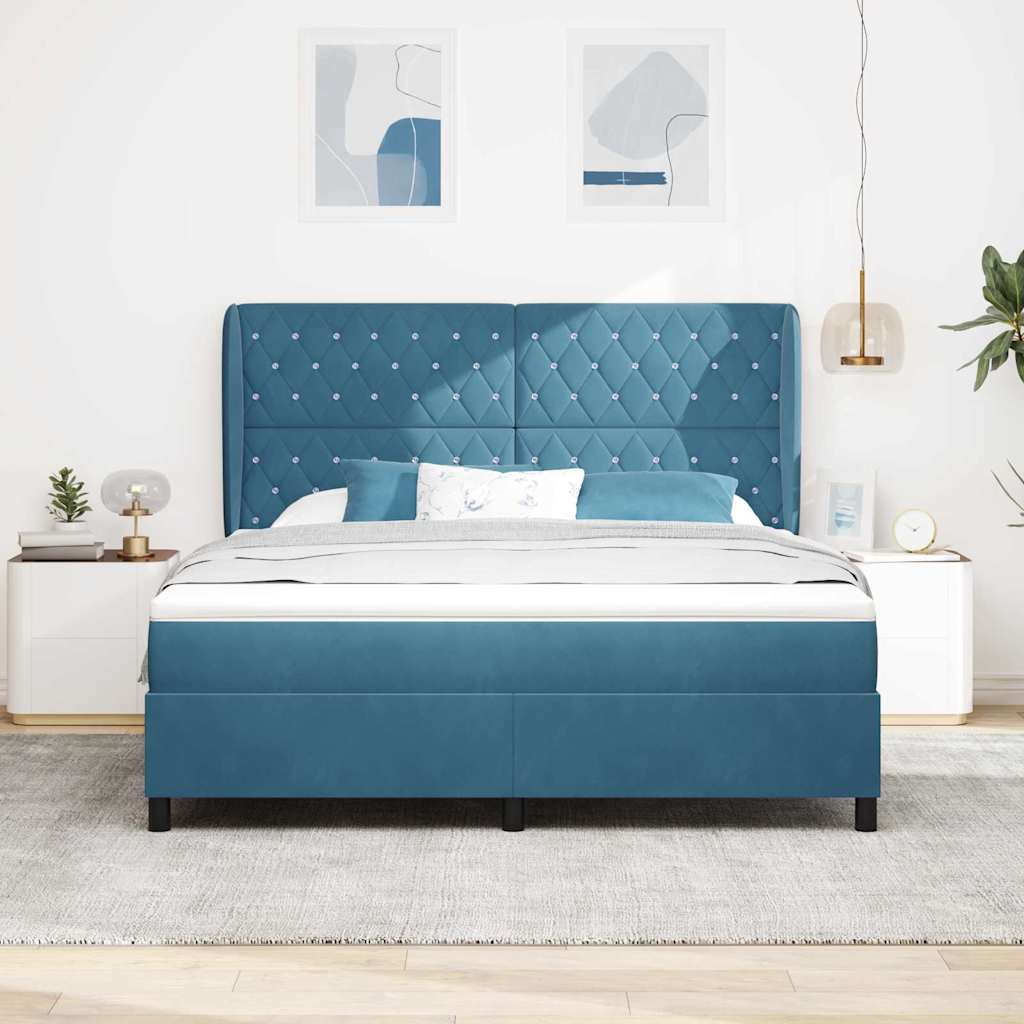 Boxrugós ágy fejtámlával Sötét kék 200 x 180 cm Bársony