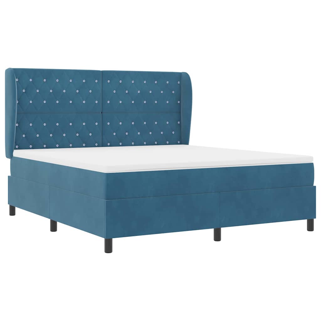 Boxrugós ágy fejtámlával Sötét kék 200 x 180 cm Bársony