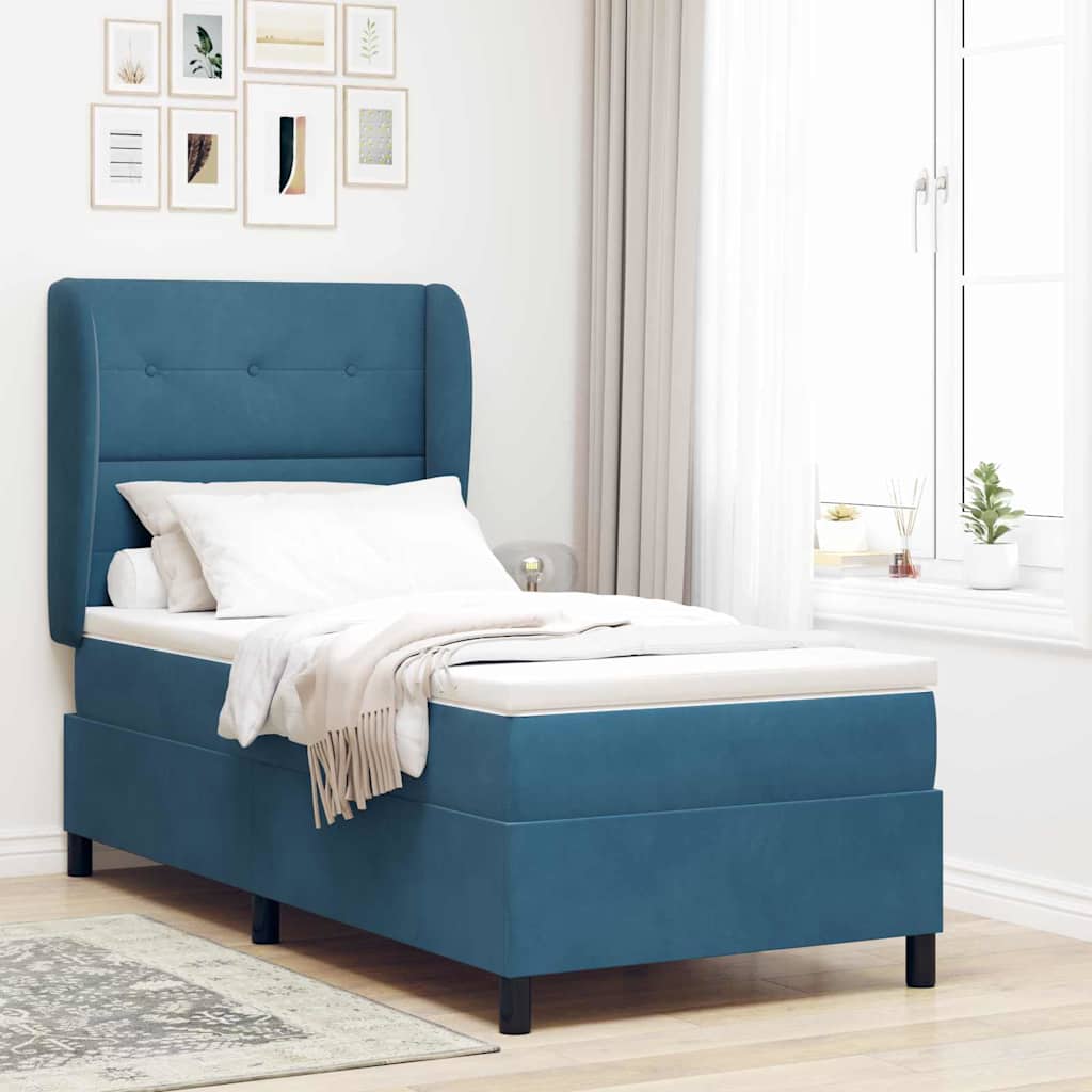 Boxrugós ágy fejtámlával Sötét kék 200 x 90 cm Bársony