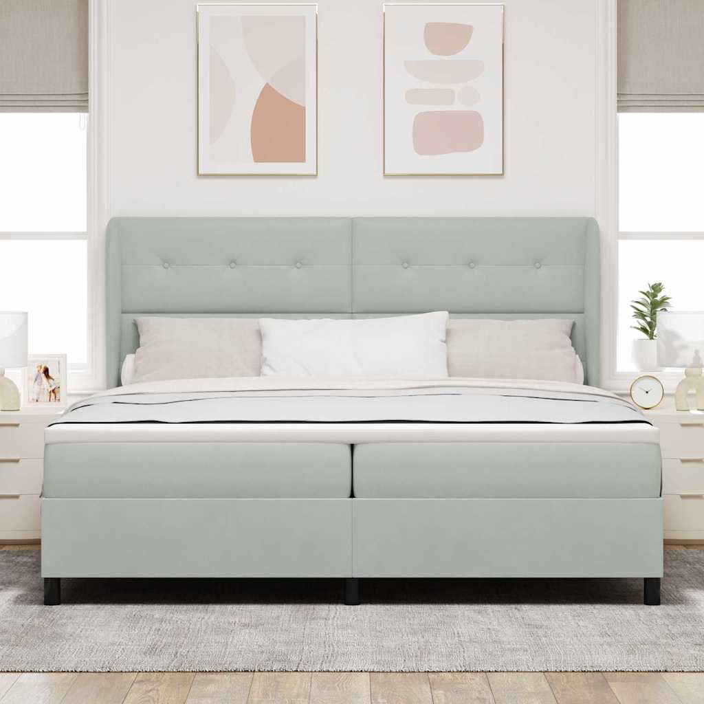 Boxrugós ágy fejtámlával Világosszürke 200 x 200 cm Bársony