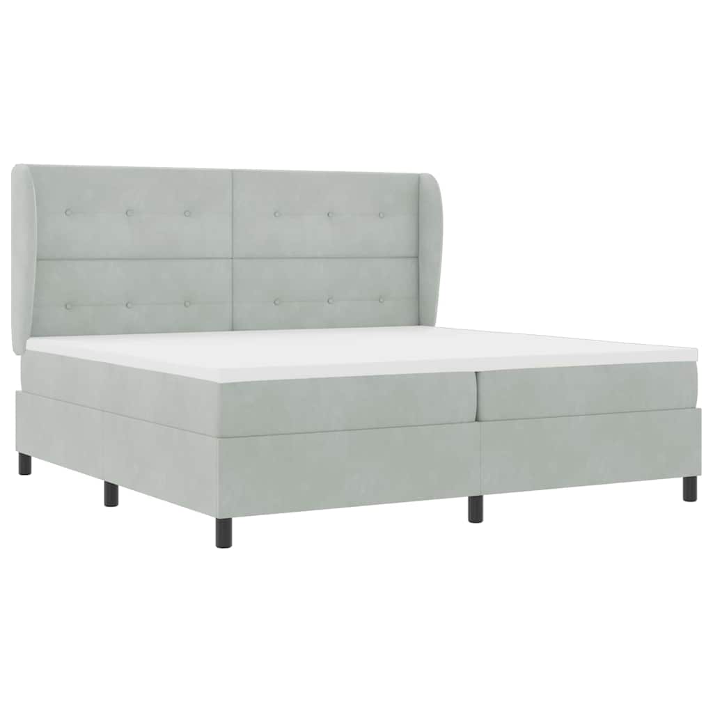 Boxrugós ágy fejtámlával Világosszürke 200 x 200 cm Bársony