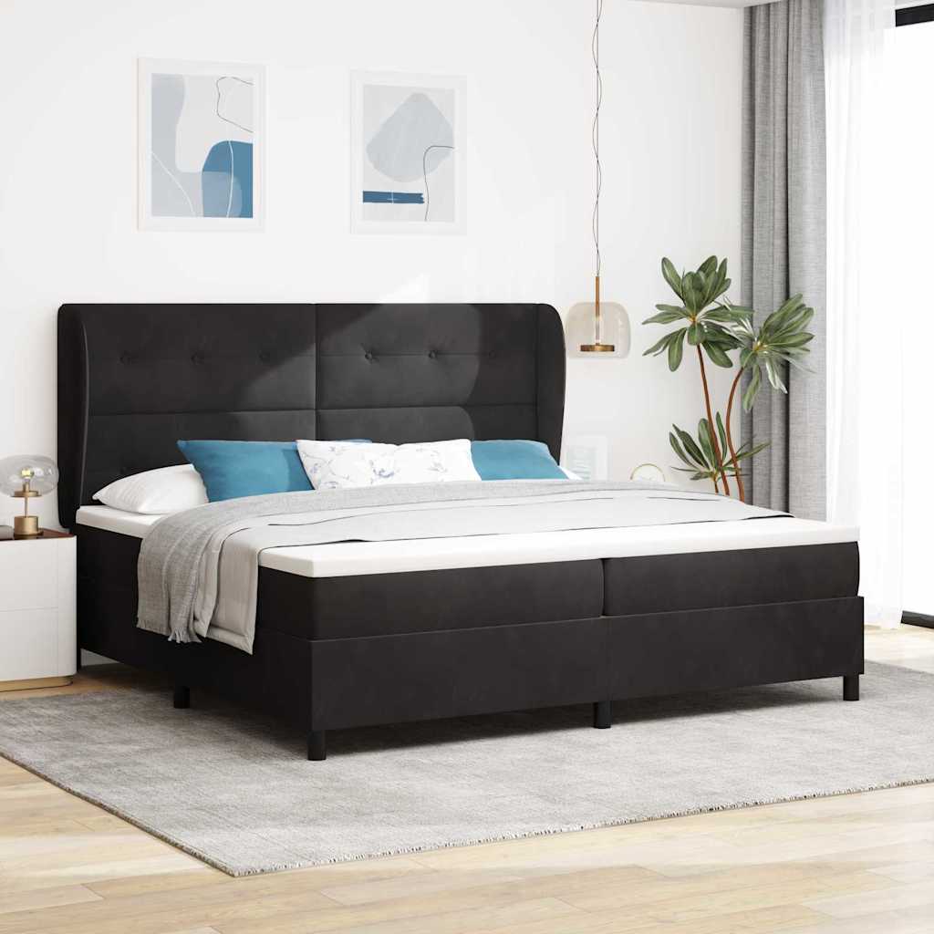 Boxrugós ágy fejtámlával Fekete 200 x 200 cm Bársony