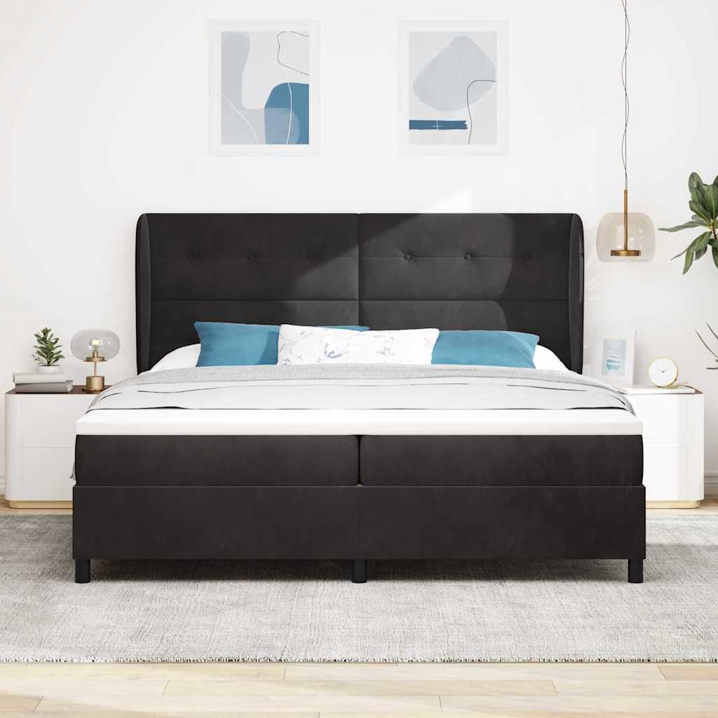 Boxrugós ágy fejtámlával Fekete 200 x 200 cm Bársony