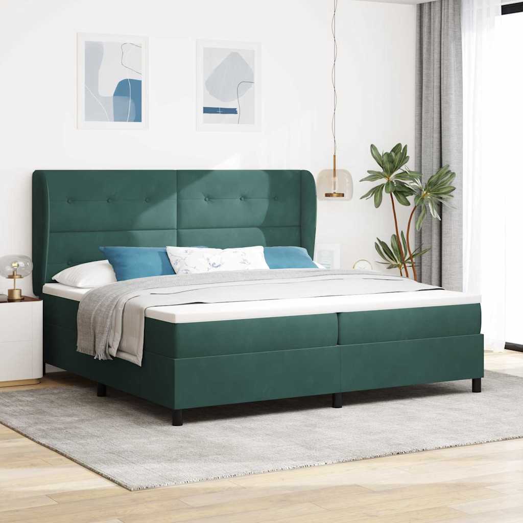 Boxrugós ágy fejtámlával Sötétzöld 200 x 200 cm Bársony