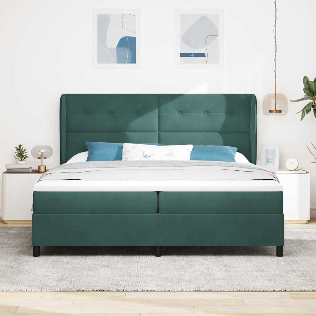 Boxrugós ágy fejtámlával Sötétzöld 200 x 200 cm Bársony