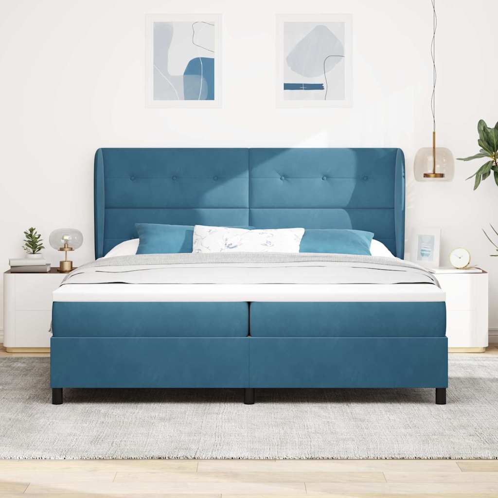 Boxrugós ágy fejtámlával Sötét kék 200 x 200 cm Bársony