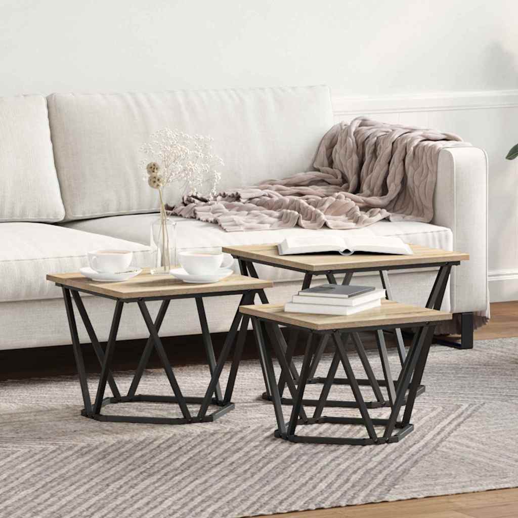Dohányzóasztal 3 pcs Sonoma tölgy Műszaki fa és acél