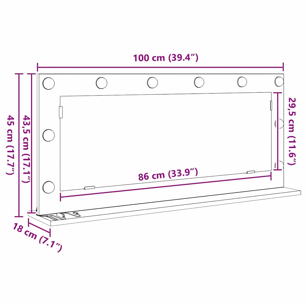 Toalett Tükör Szürke Sonoma 100 x 45 x 18 cm Üveg és mérnöki fa