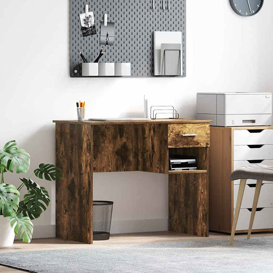 Asztal fiókkal polcokkal Füstölt tölgy 90 x 49 x 75 cm Faanyag