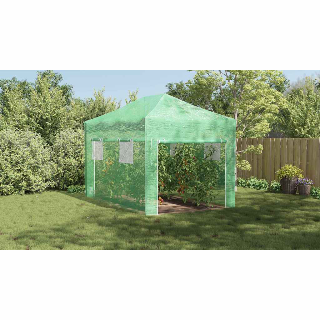 Üvegház pop-up kerettel tetővel Zöld 280 x 410 x 315 cm Vas