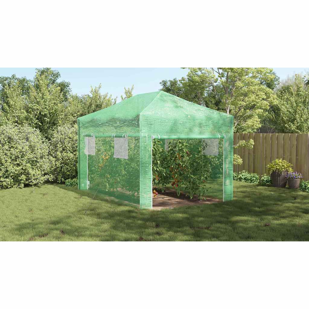 Üvegház pop-up kerettel tetővel Zöld 290 x 430 x 315 cm Vas