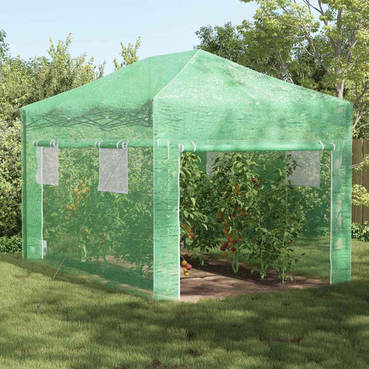 Üvegház pop-up kerettel tetővel Zöld 290 x 430 x 315 cm Vas
