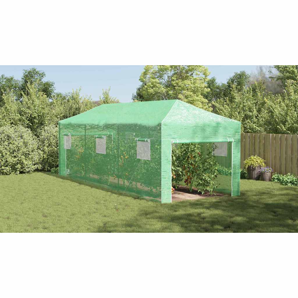 Üvegház pop-up kerettel tetővel Zöld 290 x 870 x 315 cm Vas