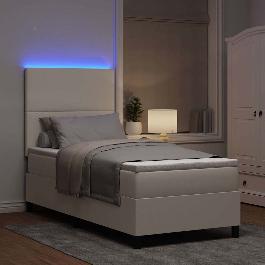 LED Box Spring Ágy Krém és fehér 100 x 200 cm Bársonyos szövet