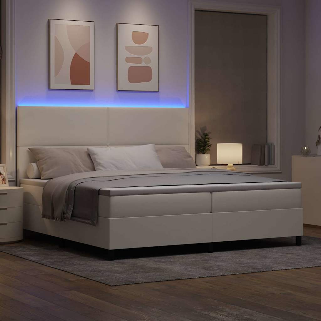 LED Box Spring Ágy Krém és fehér 200 x 200 cm Bársonyos szövet