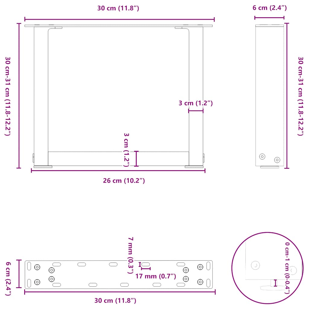 2 db U alakú fekete acél dohányzóasztal láb 30x(30-31) cm