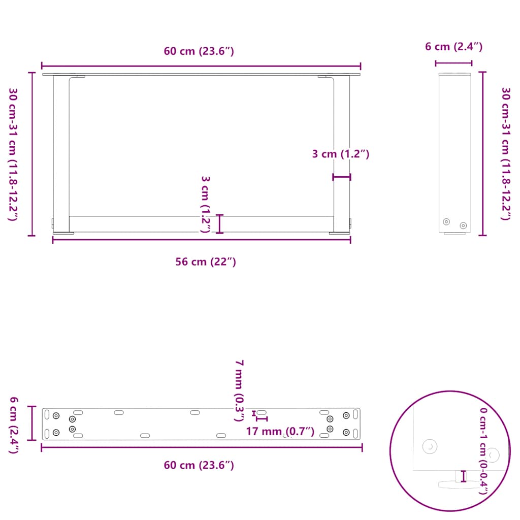 2 db U alakú dohányzóasztal láb fekete 60 x (30-31) cm acél dohányzóasztal láb